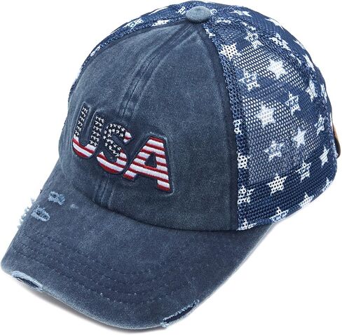 Distressed Washed Denim Fabric America Flag Patch Trucker Baseball Cap (BA-912)(BA-914) in Saudi Arabia