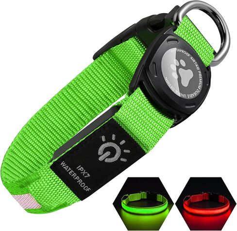 Lighted AirTag Dog Collar Rechargeable, Padded Air Tag Dog Collar, Heavy Duty Dog Collar with AirTag Holder Case, Adjustable Air Tag Accessories Pet Collar for Small Medium Large Dogs(Green,L) in Kuwait