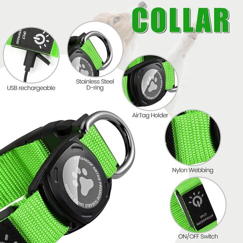 Lighted AirTag Dog Collar Rechargeable, Padded Air Tag Dog Collar, Heavy Duty Dog Collar with AirTag Holder Case, Adjustable Air Tag Accessories Pet Collar for Small Medium Large Dogs(Green,L) in Kuwait