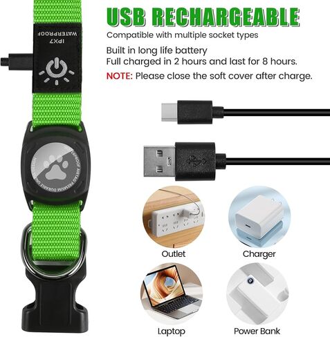 Lighted AirTag Dog Collar Rechargeable, Padded Air Tag Dog Collar, Heavy Duty Dog Collar with AirTag Holder Case, Adjustable Air Tag Accessories Pet Collar for Small Medium Large Dogs(Green,L) in Kuwait