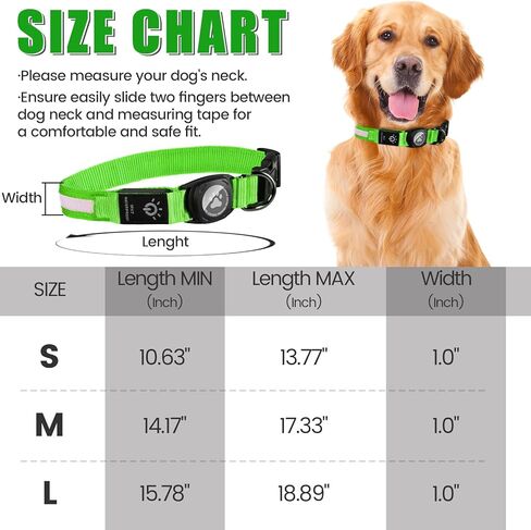 Lighted AirTag Dog Collar Rechargeable, Padded Air Tag Dog Collar, Heavy Duty Dog Collar with AirTag Holder Case, Adjustable Air Tag Accessories Pet Collar for Small Medium Large Dogs(Green,L) in Kuwait
