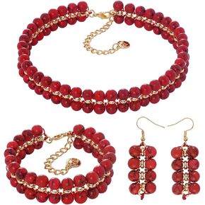 Firstmeet Beads Layer Statement Necklace Choker Bracelet Earrings Vintage Jewelry Set for Women Girls