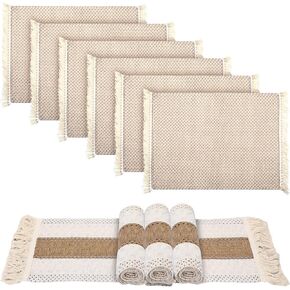 Boho Macrame Table Runner and Placemats Set of 6, Boho Farmhouse Table Runner with Place Mats for Dining Table Natural Burlap Table Runner Placemats with Tassels for Coffee Table (Beige and Brown)