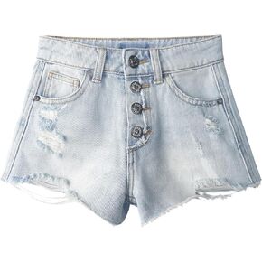 KIDSCOOL SPACE Little Big girls Denim Shorts,Elastic Band Inside Ripped High-cut Raw Hem Hot Jean Summer Pants