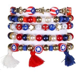 4th of July Heishi Clay Bead Stretch Bracelets for Women Girls American Patriotic Tassels Bangle Stackable Gold Pearl Red White Blue Star Bracelet Independence Boho Summer Beach Memorial Day Gifts