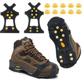 Ice Snow Grips Traction Cleats Anti Slip Ice Cleats Spikes Rubber Crampons with 10 Extra Replacement Steel Studs for Snow Shoes and Boots Ice Walking, Ice Fishing, Hiking Men Women Universal Crampons