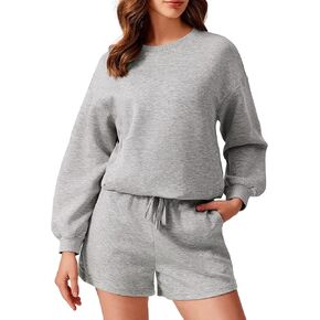PINSPARK Two Piece Sets for Women 2024 Fall Outfits Sweatsuit 4 Pockets Sweat Short Sets Casual Matching Set Travel Tracksuit