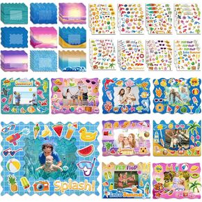 Ctosree 54 Packs Summer Picture Frames Craft Kit DIY Photo Frame Craft with Stickers Summer Cardboard Photo Frame Craft Under The Sea Craft Kits Class Game Activities Beach Pool Party Favors for Kids