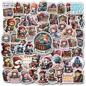Pack 50 PCS Knitting Sticker Print Knit Yarn Themed Waterproof Vinyl Decals Vintage Items for Grandma Women Mom Girls Decorations Laptop Phone Case Water Bottle Helmet Bumper