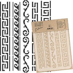 استنسل بلاستيكي قابل لإعادة الاستخدام من NAKLEO DIY - زخارف يونانية هندسية - قالب نمط لوحة جدارية فنية للحرف اليدوية - قماش أثاث خشبي (15 × 21 سم / 5.8 بوصة × 8.3 بوصة)