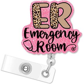 ERHACHAIJIA ER Emergency Room Retractable Pink Glitter Badge Reel with Clip, Funny Leopard Print ID Card Badge Holder Gift for Nurses Doctors Rapid Response Team Trauma Team 1st Responders