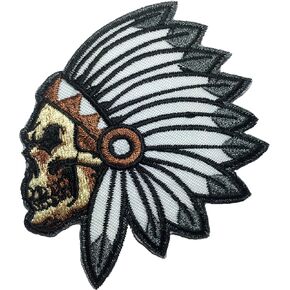 Feathered Indian Chief Head Death Skull Embroidered Sew Iron on Patch (RR-IRON-SKUL-HEAD-INDI-AN01)