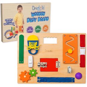Busy Board - Wooden Montessori Activity Board for Toddlers & Kids - 12 Educational Sensory Toys to Learn Basic Life Skills & Develop Fine Motor Skills + Baby Mirror