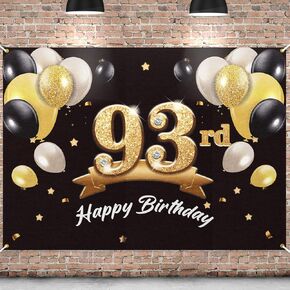 Happy 93rd Birthday Banner Backdrop - 93 Birthday Party Decorations Supplies for Men - Black Gold 4 x 6ft