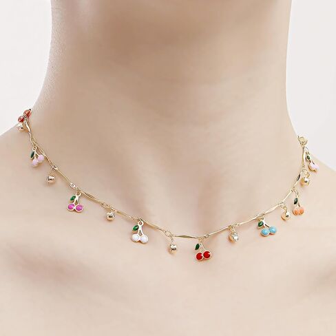 xuzhiyuan Cute Cherry Cubic Zirconia Necklace Faux Pearl Cherry Charms Necklace Lovely Fruits Cute Choker for Women Girls Party Best Gift for Christmas in Saudi Arabia