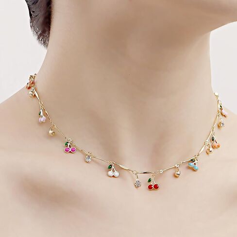 xuzhiyuan Cute Cherry Cubic Zirconia Necklace Faux Pearl Cherry Charms Necklace Lovely Fruits Cute Choker for Women Girls Party Best Gift for Christmas in Saudi Arabia