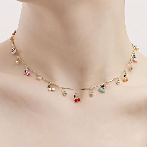 xuzhiyuan Cute Cherry Cubic Zirconia Necklace Faux Pearl Cherry Charms Necklace Lovely Fruits Cute Choker for Women Girls Party Best Gift for Christmas in Saudi Arabia