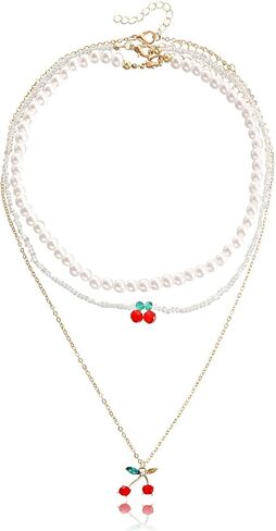 xuzhiyuan Cute Cherry Cubic Zirconia Necklace Faux Pearl Cherry Charms Necklace Lovely Fruits Cute Choker for Women Girls Party Best Gift for Christmas in Saudi Arabia