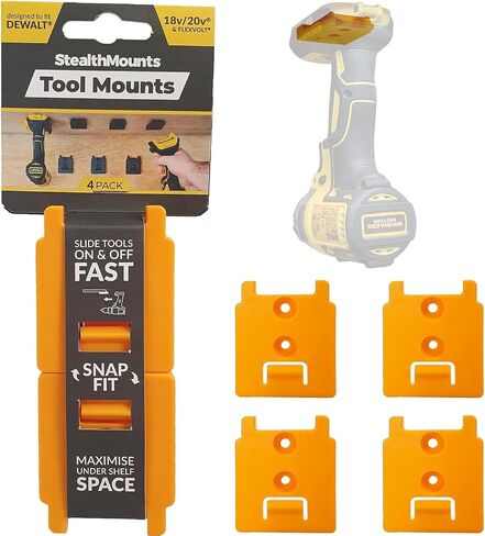 حامل أدوات StealthMounts Locking DeWalt، 4 عبوات من شماعات أدوات DeWalt | حامل أدوات ديوالت مثبت على الحائط | تخزين أدوات ديوالت | حامل مثقاب ديوالت | مقطع مثقاب ديوالت | المحرز في المملكة المتحدة in Saudi Arabia