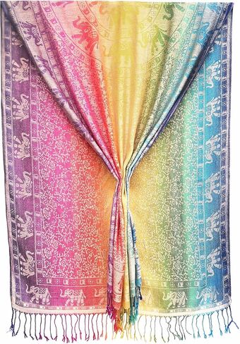 Woven Rainbow color Elephant in Circle Pride Soft Fringe Pashmina Shawl Scarf Wrap in Saudi Arabia