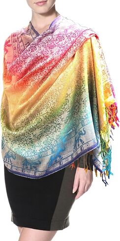 Woven Rainbow color Elephant in Circle Pride Soft Fringe Pashmina Shawl Scarf Wrap in Saudi Arabia