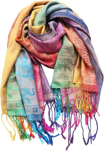 Woven Rainbow color Elephant in Circle Pride Soft Fringe Pashmina Shawl Scarf Wrap in Saudi Arabia