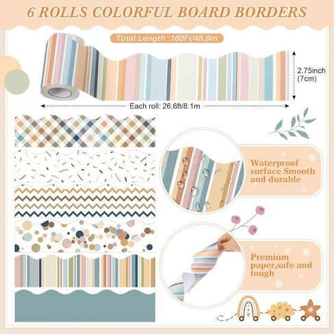 Tenceur 6 Rolls Spring Summer Borders for Bulletin Board Decoration, 160 ft Durable Scalloped Bulletin Board Border Rolls for Classroom Workplace School Office Poster Decor(Boho Dot) in Kuwait