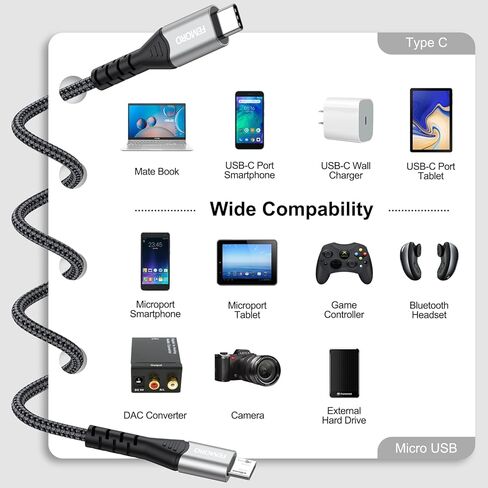 كابل FEMORO USB C إلى Micro USB بطول 3 أقدام و5 حزم، محول كابل USB-C من النوع C إلى Micro USB OTG 480 ميجابت في الثانية لنقل البيانات والشحن متوافق مع MacBook Pro وGalaxy S22 S21 S10 in Kuwait