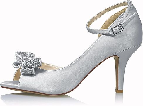 ERIJUNOR Women Comfortable Middle Heel Peep Toe Bows Rhinestones Satin Wedding Evening Party Shoes in Saudi Arabia