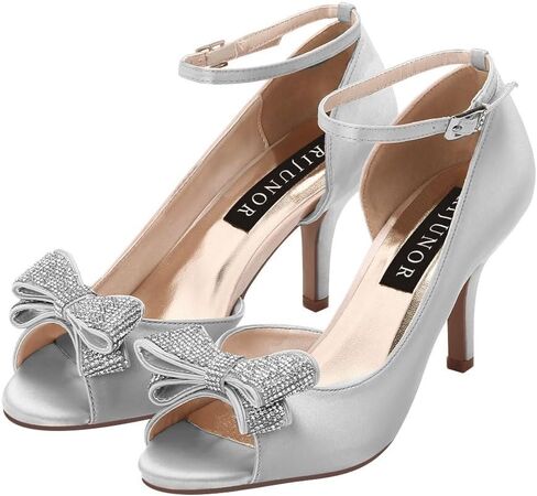ERIJUNOR Women Comfortable Middle Heel Peep Toe Bows Rhinestones Satin Wedding Evening Party Shoes in Saudi Arabia
