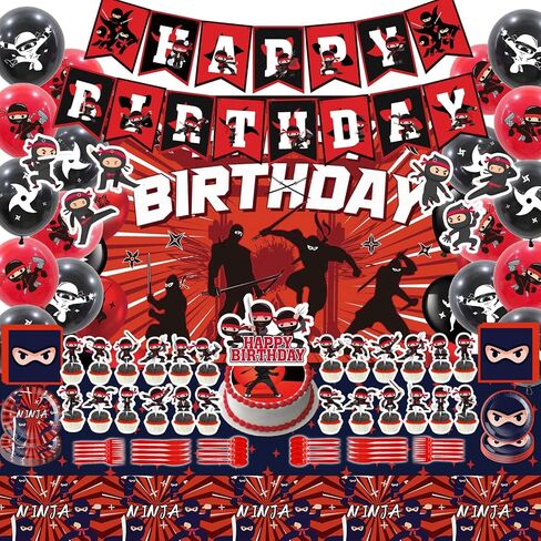 Ninja Birthday Party Supplies, Ninja Style Party Decorations Include Happy Birthday Banner, Backdrop, Tablecloth, Cake Toppers, Cupcake Toppers, Latex Balloons, Hanging Swirls in Kuwait