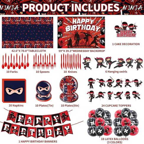 Ninja Birthday Party Supplies, Ninja Style Party Decorations Include Happy Birthday Banner, Backdrop, Tablecloth, Cake Toppers, Cupcake Toppers, Latex Balloons, Hanging Swirls in Kuwait