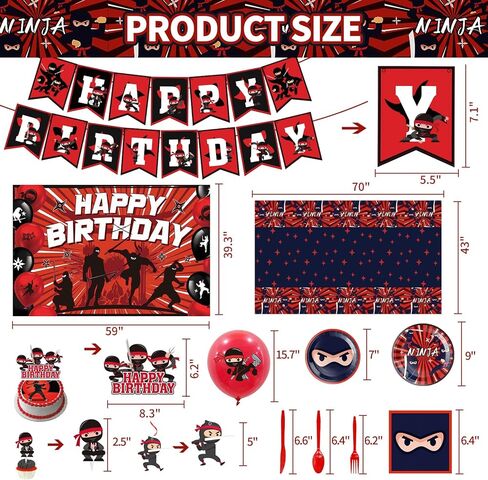 Ninja Birthday Party Supplies, Ninja Style Party Decorations Include Happy Birthday Banner, Backdrop, Tablecloth, Cake Toppers, Cupcake Toppers, Latex Balloons, Hanging Swirls in Kuwait