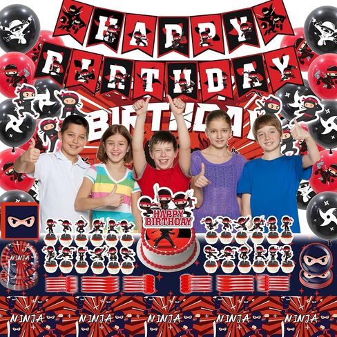 Ninja Birthday Party Supplies, Ninja Style Party Decorations Include Happy Birthday Banner, Backdrop, Tablecloth, Cake Toppers, Cupcake Toppers, Latex Balloons, Hanging Swirls in Kuwait