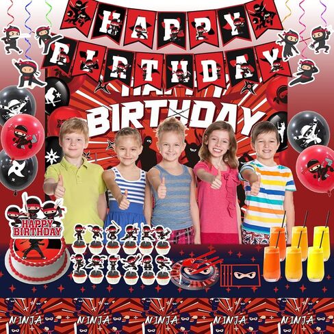 Ninja Birthday Party Supplies, Ninja Style Party Decorations Include Happy Birthday Banner, Backdrop, Tablecloth, Cake Toppers, Cupcake Toppers, Latex Balloons, Hanging Swirls in Kuwait