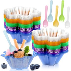 100Pack 8oz Ice Cream Cups, Flower Shape Plastic Dessert Bowls Disposable Containers for Fruit Strawberry Yogurt Parfait Sundae Appetizers Sauce Shaved Ice (Colorful)