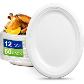 Oval Paper Plates 60 Pack, Large Paper Plates 12 inch, 100% Compostable Paper Plates Eco Friendly Disposable Plates, Oval Paper Plates Heavy Duty Dinner Size, White