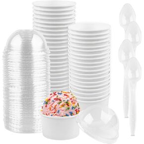 Ocmoiy 4 Oz Disposable Ice Cream Cups with Lids and Spoons for Freezer, 50 Pack Paper Dessert Cups Ice Cream Bowls Snack Containers Cups for Jello, Shaved Ice, Sundae (White)