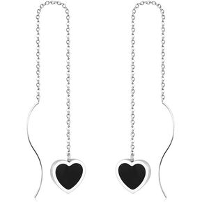 Black Heart Tassel Threader Drop Dangle Earrings for Women Girls Cute 14K Gold Plated Long Chain Hanging Earrings Minimalist Stainless Steel Lightweight Dangling Hypoallergenic Valentine's Day Gifts Her