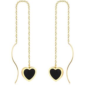 Black Heart Tassel Threader Drop Dangle Earrings for Women Girls Cute 14K Gold Plated Long Chain Hanging Earrings Minimalist Stainless Steel Lightweight Dangling Hypoallergenic Valentine's Day Gifts Her in Kuwait