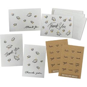 Gold Tasseled Grad Caps in the Air Graduation Thank You Cards 2024 - Assorted Set of 24 Note Cards with Envelopes & Sticker Seals - Grad Party Thank You Cards