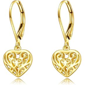 14k Gold Heart Dangle Earrings Yellow Gold Filigree Heart Drop Earrings Fine Gold Leverback Earrings Jewelry Christmas Gifts for Women Girls Her in Kuwait