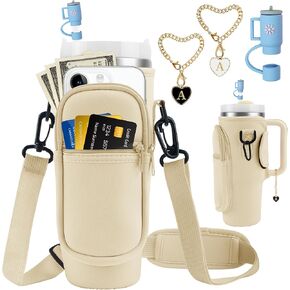Water Bottle Carrier Bag with Strap for Stanley Cup 40oz Tumbler with Phone Pocket, Keychain Accessories for Stanley Cup Handle, Women Personalized Accessories for Stanley Cup