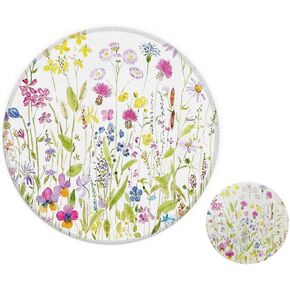 Floral Round Mouse Pad and Coaster Set,Watercolor Yellow and Blue Flower Floral Spring Summer Cottagecore Coasters Cup Mats 3.94″for Drinks,Non-Slip Rubber Mousepad 7.9″for Working or Game