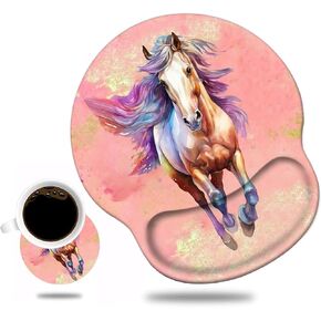 Ergonomic Mouse Pad Wrist Support and Cute Coffee Coaster, Non Slip PU Base Mouse Pad Wrist Rest for Computer, Office Gaming, Working, Easy Typing & Pain Relief, Watercolor Running Horse Painting Art