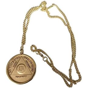 AA Alcoholics Anonymous Medallion Chip Holder Necklace 24" Gold Tone