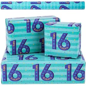 RUSPEPA Scented Birthday Wrapping Paper - Mini Roll - Blue Design with Fragrance for Teenager Boys' Birthday, Party and Baby Shower - 17 inches x 16.4 feet - Age 14