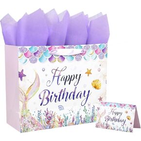 Foxrush 2 Sets of 13" Large Mermaid Happy Birthday Giftware Bags with Handle, Tissue Paper and Greeting Card for Kids Girls,Birthday Decor,Mermaid Birthday Decorations