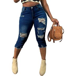 Women's Capri Jeans Mid Waisted Summer Straight Leg Stretchy Ripped Denim Leggings Pants