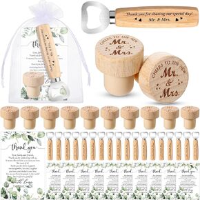 36 Sets Wedding Favors for Guests Mr and Mrs Wooden Wine Stopper Cork Beer Bottle Opener with Wedding Thank You Gift Card Organza Bag Wedding Gifts for Engagement Bridal Shower Party Supplies